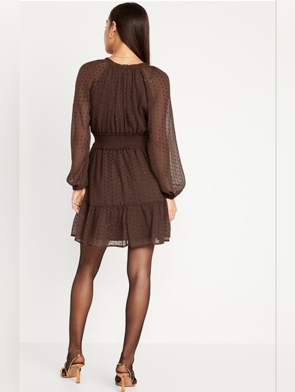 Old Navy Sheer Long Sleeve Ruffle Hem Waist Define Brown Shine Mini Dress Size M